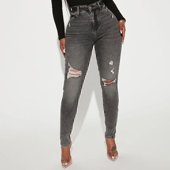 NWT FashionNova Gray Black Denim Skinny Jeans Distressed - 11 - Picture 1 of 11